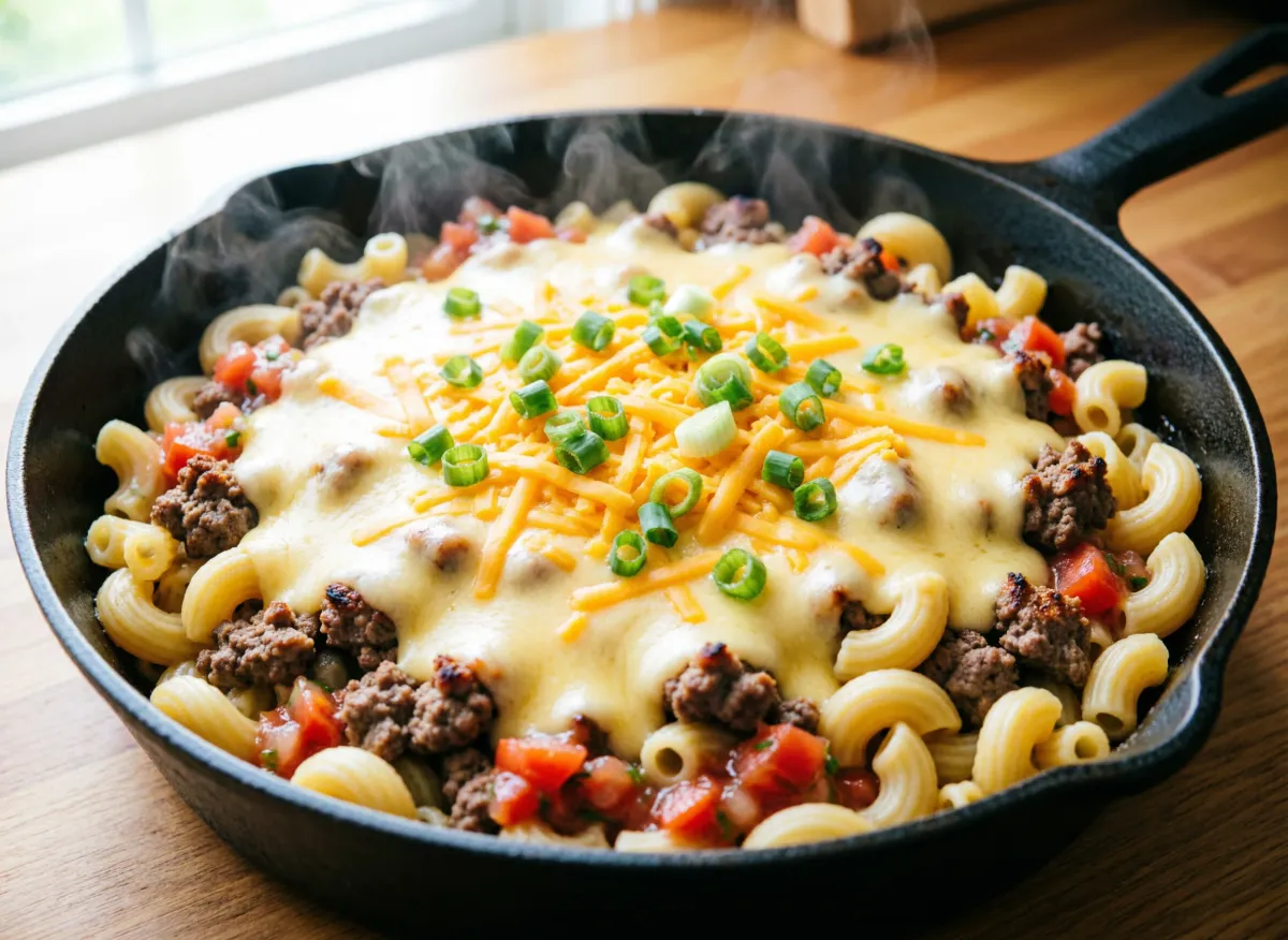 Cheesy taco pasta in a deep skillet - creamy, one-pot