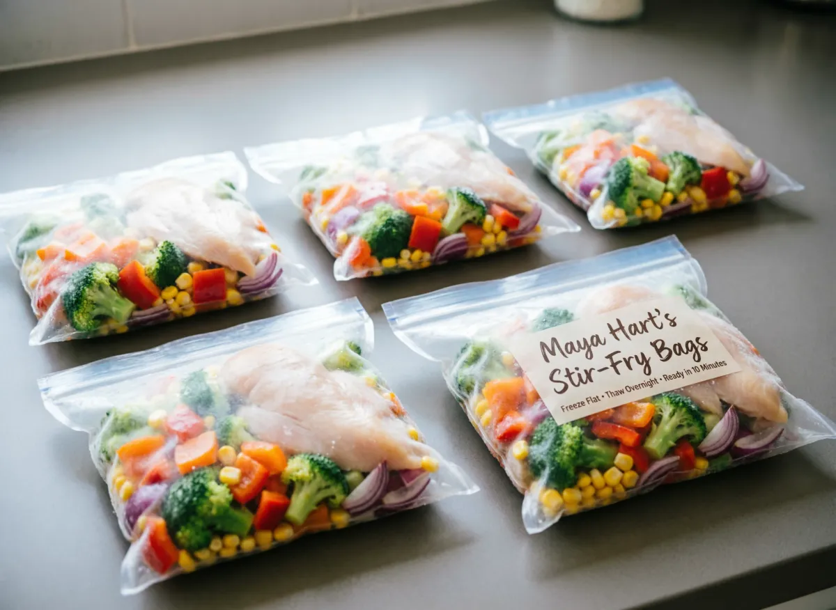Five freezer bags with sliced chicken and veggie stir-fry kits flat on counter - labeled