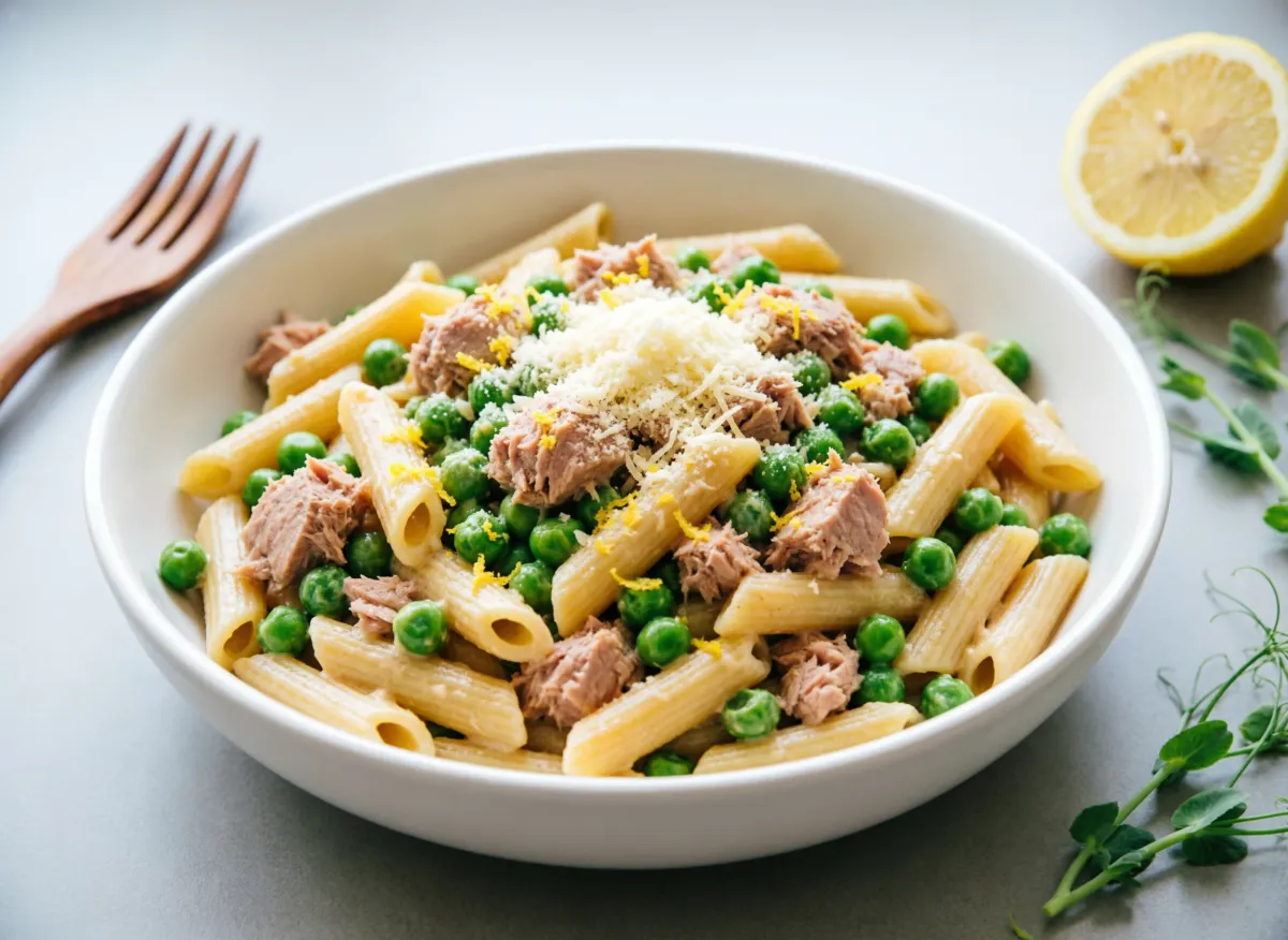 Bowl of creamy tuna penne with peas and lemon - pantry pasta, 20 minutes