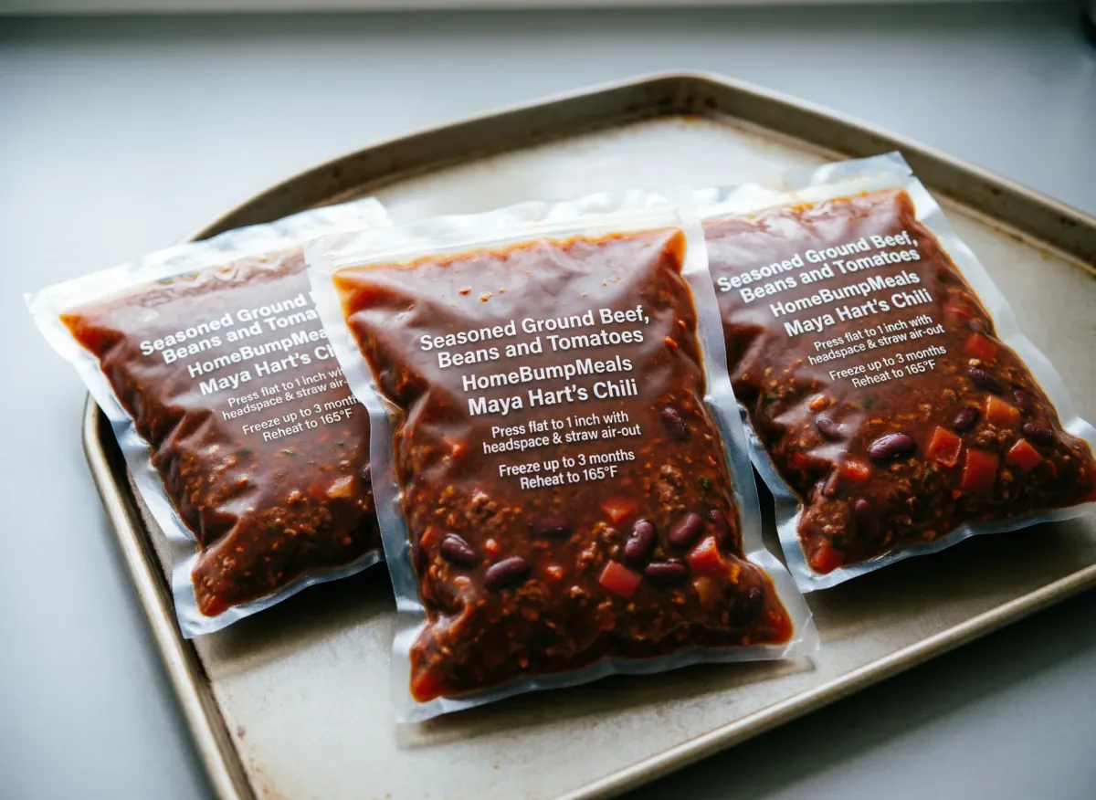 Three labeled chili freezer bags flat on sheet pan -- beef, beans, tomatoes