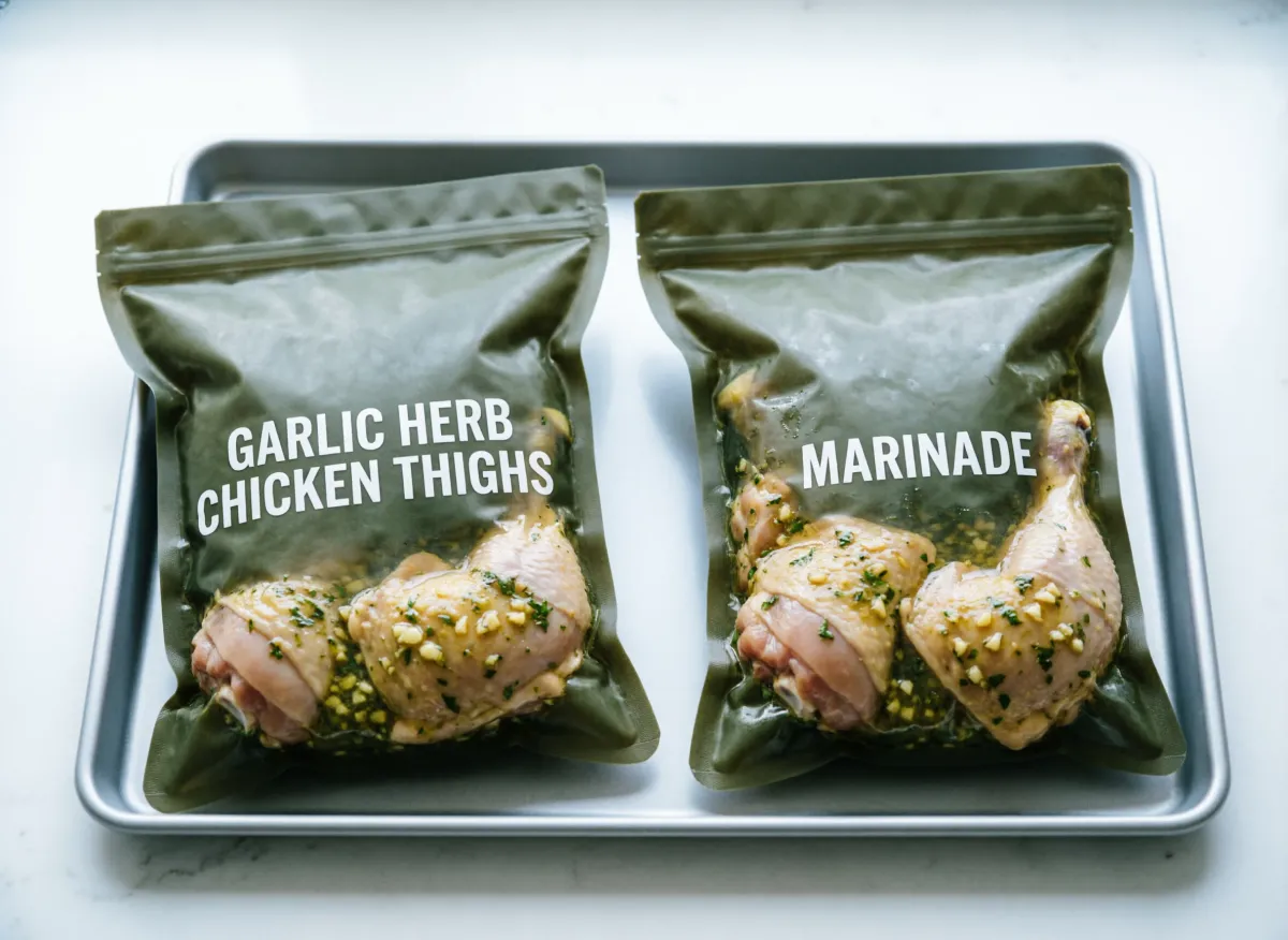 Two labeled dump bags with garlic herb chicken flat on sheet pan