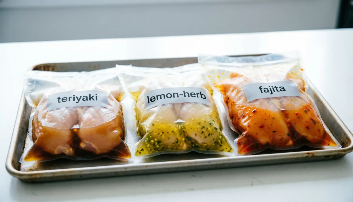 Three labeled freezer bags with chicken and marinades flat on sheet pan - teriyaki, lemon herb, fajita