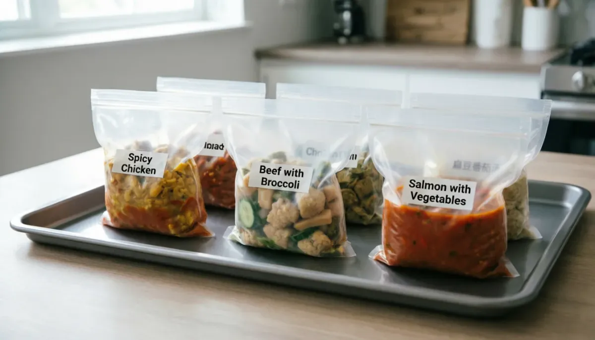 Five labeled freezer bags flat on a sheet pan - ready for the freezer
