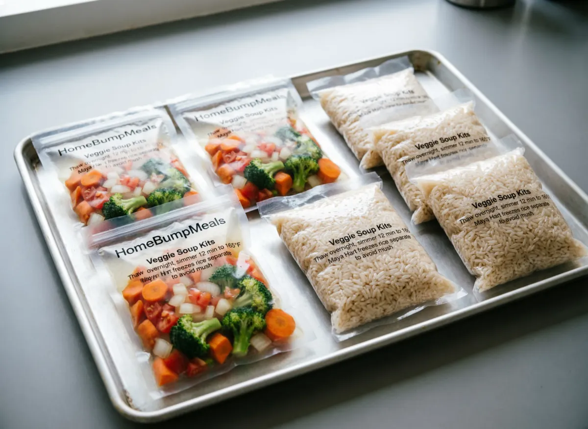Four soup kits flat on sheet pan with rice bags separate -- labeled
