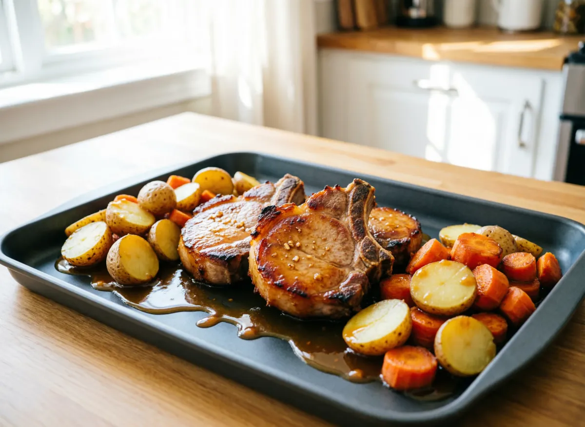 Sheet pan with honey garlic pork chops, halved potatoes and carrots - one pan, glossy glaze