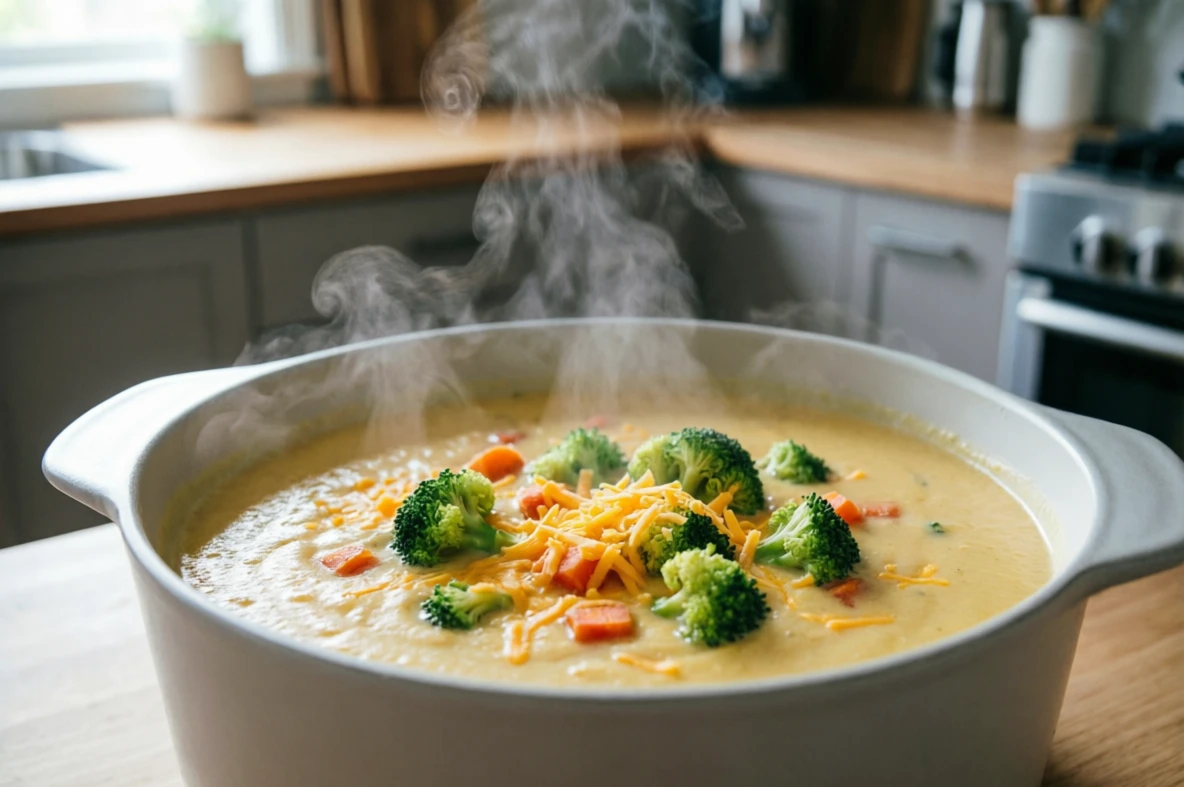 Pot of broccoli cheddar soup with shredded cheddar and carrots - creamy one-pot