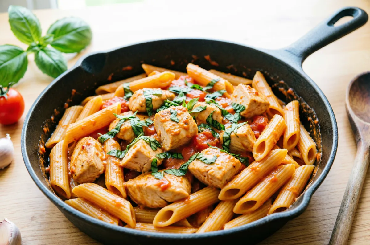 Deep skillet tomato basil chicken pasta -- creamy one-pot, basil off heat