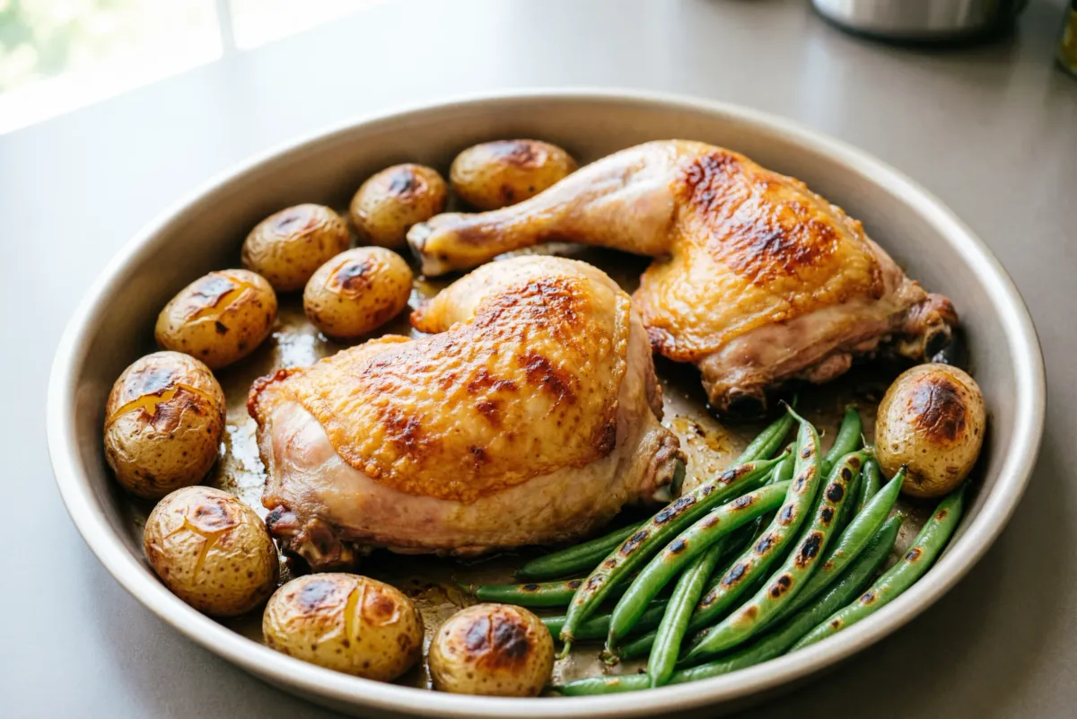 Sheet pan with chicken thighs, potatoes and green beans - hot pan browned
