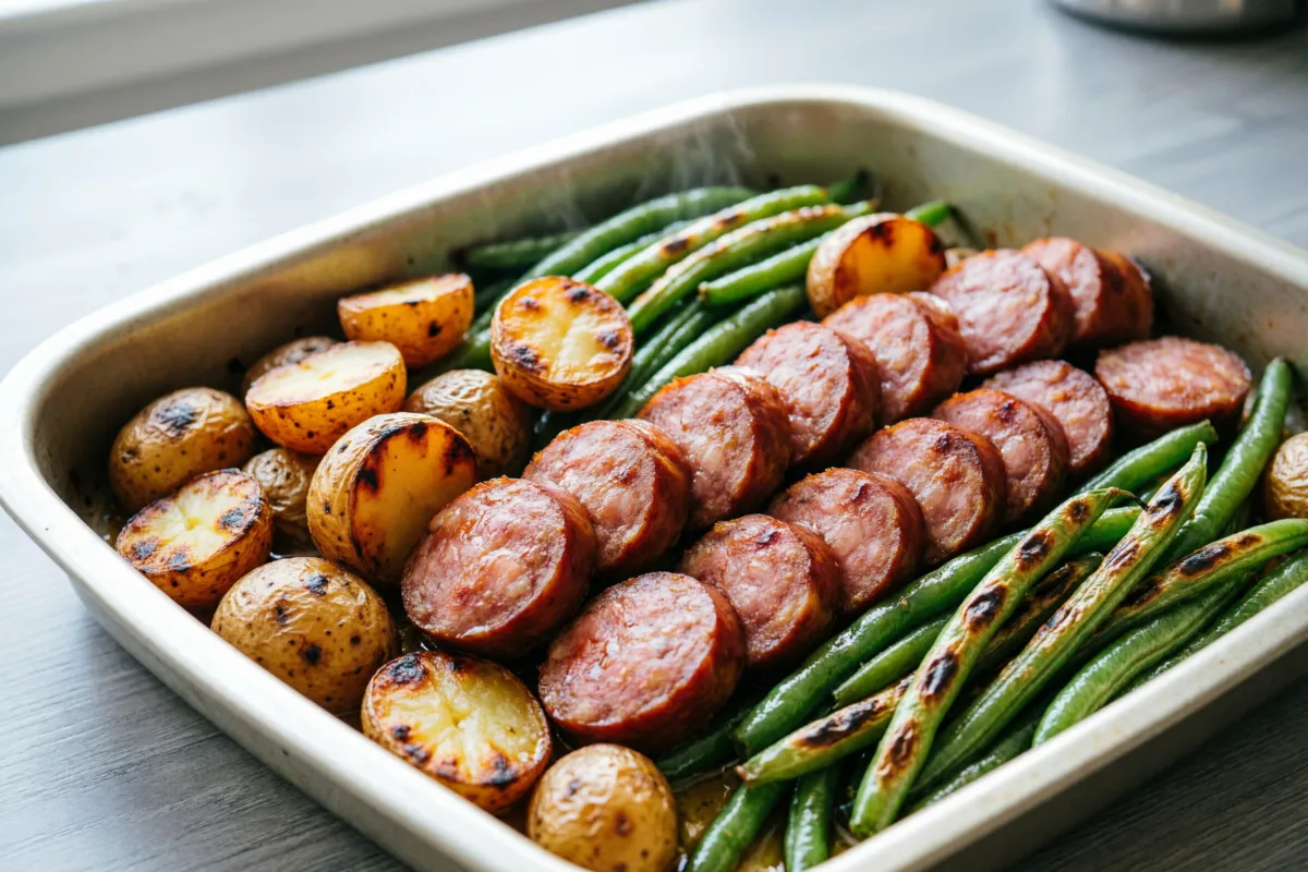 Sheet pan with sliced smoked sausage, halved potatoes and green beans - browned edges