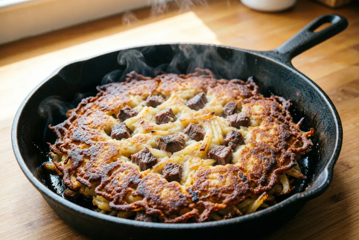 Cast iron skillet with beef and potato hash - browned crisp edges, one pan