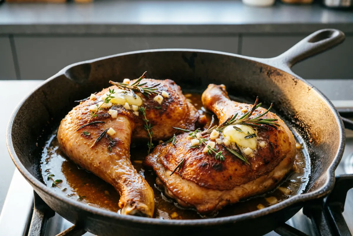 Skillet with garlic herb chicken thighs - seared skin, butter herb spoon
