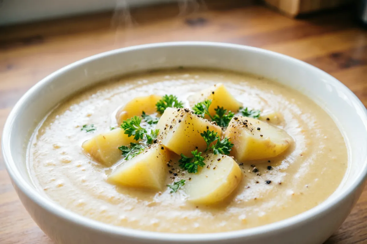 Slow cooker creamy potato soup -- thick, not split, with starchy spoon