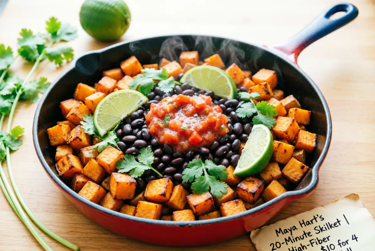 Skillet with diced sweet potatoes, black beans, salsa and lime - vegetarian budget