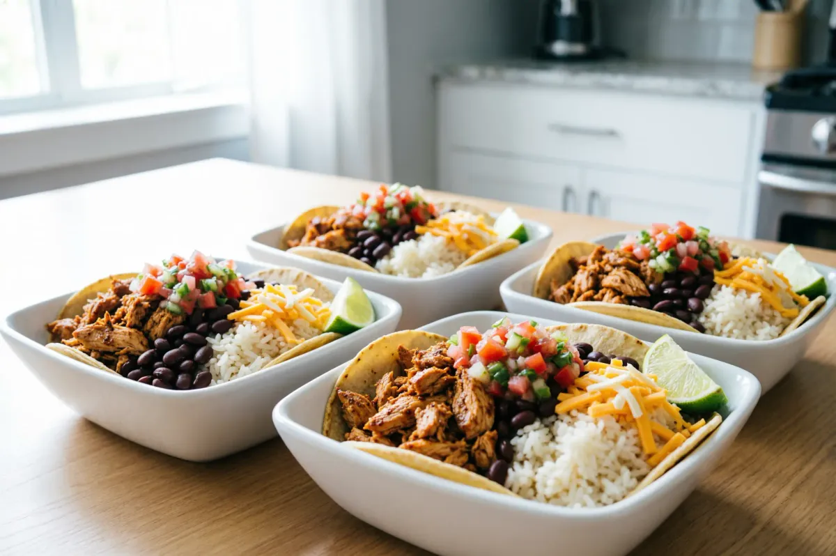 Four taco rice bowls with ground turkey, beans, rice, salsa and cheese - family bowls